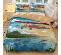 Retro Airplane Bedding Set Vintage Biplane & Parachute Print Microfiber Duvet Cover for Bedroom Decor - Sunset Sky Design (style2,Double200x200cm+50x75cm*2)