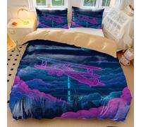Retro Airplane Bedding Set Vintage Biplane & Parachute Print Microfiber Duvet Cover for Bedroom Decor - Sunset Sky Design (style3,King 240x220cm+65x65cm*2)