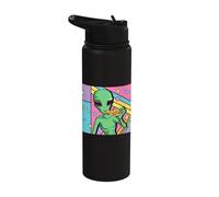 Retro Alien Eating Pizza Funny Space Extraterrestrial Aliens Stainless Steel Insulated Water Bottle