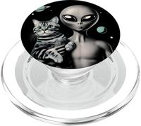 Retro Alien Holding a Cute Cat Funny Cat PopSockets PopGrip for MagSafe