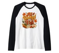 Retro All Booked for Fall Books Coffee Lover Autumn Leaves Raglan Baseball Tee