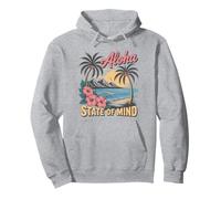 Retro Aloha Hawaii Palm Tree Sunset Hibiscus Flower Beach Pullover Hoodie