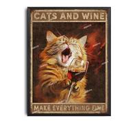 Retro Aluminum Sign Cats and Wine Make Everything Fine Vintage Art Wall Decor Sign for Streets Barbed Wire Fences Forests Gardens Door 12.00"x16.00" with Black Metal Framed