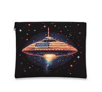 Retro American Flag Cosmetic Travel Bag, Pixel Art UFO Small Portable Canvas Zipper Pouch, Space Exploration Festival Gift Toiletry Organizer, black, 7x9 Inch, Ufo
