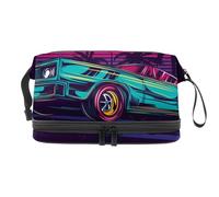 Retro American Muscle Car Double Layer Cosmetic Bag for Women and Girls, Travel Toiletry Bag Makeup Handy Pouch Organiser Bag with Brush Compartment