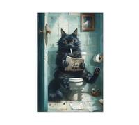 Retro And Funny- A Cat Reading A Newspaper And Smoking in The Bathroom. Canvas Poster Bedroom Decor Landscape Office Room Decor Gift 12" L X 18" W