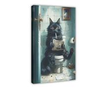 Retro And Funny- A Cat Reading A Newspaper And Smoking in The Bathroom. Canvas Poster Wall Art Decor Print Picture Paintings for Living Room Bedroom Decoration 20" L X 30" W