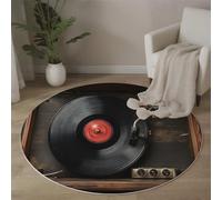 Retro And Nostalgic Music Round Area Rug 90cm, Non-Slip Soft Cosy Old-Fashioned Record Player Printed Rugs, Washable Low Pile Non Shedding Black Circle Carpet for Living Room Bedroom Bedside Playroom