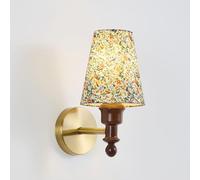 Retro Antique Brass Wall Sconce Lighting Nordic Wood Wall Lamp with Colorful Fabric Shade, Mid Century Brushed d Metal Wall Light Fixture Cylindl Printed Floral Fabric Art Sconces