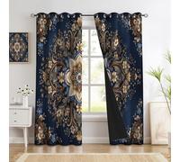 Retro Arabic Curtains Eyelet 2 Panel Set 52 X 84 Inches, Mandala Flower Blackout Curtains For Windows, Thermal Insulated Window Curtain Drapes, Black Out Curtain 84 Drop Bedroom Living Room