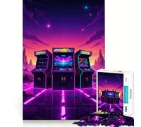 Retro Arcade Machines in Neon Landscape Jigsaw Puzzles for Teenagers 1000 Piece Mind Challenge Toy Relaxing Fun Precise Cut Festive Gift (38x52cm)