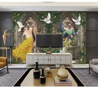 Retro Architecture Flying Birds Peacocks Vines 3D Wallpaper Easy Install Feature Office Living Room Sofa Bedroom TV Background Wall Decoration-200cm×140cm