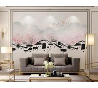 Retro Architecture Pink Forest Flying Birds 3D Wallpaper Luxury Silk Study Dining Feature Sofa Grey Bedroom Living Room Tv Decorative Wall-250cm×170cm