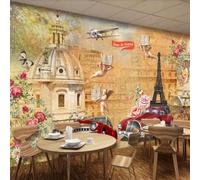 Retro Art Architecture Little Angels Vintage Cars Flowers 3D Wallpaper Silky Texture Home Study Office Grey Dining Room Sofa Bedroom Living Room TV Backdrop-300cm×210cm