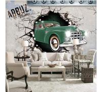 Retro Art Cartoon Cars Broken Walls Concrete Walls 3D Wallpaper Silky Texture Home Study Office Grey Dining Room Sofa Bedroom Living Room TV Backdrop-300cm×210cm
