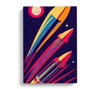 Retro Art Spaceship Rockets Red, Pink, Peach Canvas Print | Gallery Wrapped 30mm Frame Wall Art | 30x20 inches | Ready to Hang | Retro Still Life Picture | Living Room Bedroom Lounge Office