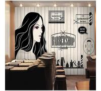 Retro Art Wood Grain Woman Portrait Barber Shop 3D Wallpaper Silky Texture Home Study Office Grey Dining Room Sofa Bedroom Living Room TV Backdrop-250cm×170cm