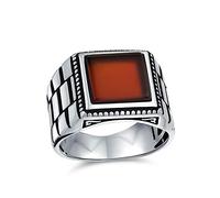 Retro Band Style Etched Band Red Agate Square Signet Ring For Men Heavy .925 Sterling Silver Handmade In Turkey