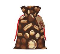 Retro Baseball Brown Print Drawstring Christmas Gift Bag With Tags Reusable For Birthday Parties Gift Weddings Holiday
