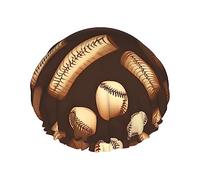 Retro Baseball Brown Reusable Shower Cap,Double Layer Water Shower Non Wetting Hair Cap,Large Size For All Hair Lengths