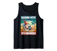 Retro Beach Gnome Reading Book Graphic Funny Teacher Summer Tank Top