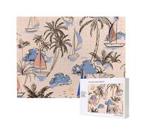 Retro Beautiful Boats Palm Trees,500 Pieces Wooden Jigsaw Family Game Jigsaw Puzzles for Adults Teens Home Decor