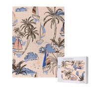 Retro Beautiful Boats Palm Trees,500 Pieces Wooden Jigsaw Family Game Jigsaw Puzzles for Adults Teens