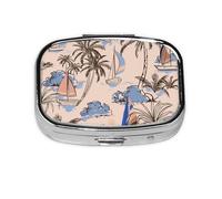 Retro Beautiful Boats Palm Trees,Meta Pill Box 2 Compartment Medicine Case,Portable Organizer