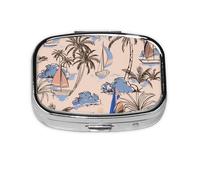 Retro Beautiful Boats Palm Trees,Meta Pill Box 2 Compartment Medicine Case,Portable Organizer,Rectangle Meta Portable Organizer Pill Box 200 Compartment Medicine Case