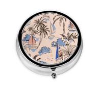 Retro Beautiful Boats Palm TreesMeta Pill Box 3 Compartment Medicine Case,Portable Organizer