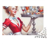 Retro Beauty 1000 Pieces Cocktail Waitress Recycled Cardboard Puzzle for Kids 12+ Rainy Day Indoor Activity Brain Training Team Building Social Icebreaker 38x26cm/1000pcs