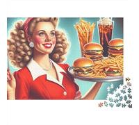 Retro Beauty 1000pc Burger Waitress Thick Cardboard Jigsaw Puzzle for Stress Relief Seekers Christmas Gathering Home Decor Home Leisure Time Social Icebreaker 52x38cm/1000pcs