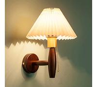 Retro Bedside Wall Lamp, Wooden Wall Light with Pleated Skirt Acrylic Lampshade, Brass Pull Cord Switch Wall Sconce, E27 Lighting Fixture, Japanese Design Wall Lamps for Living Room