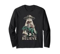 Retro Believe UFO Cat T-Rex Meowdy Dino Ride Mom Hiss Long Sleeve T-Shirt