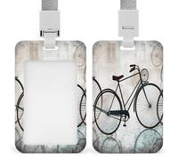 Retro Bicycle ID Badge Holder with Lanyard Vertical Plastic Card Case Protector Pouch with Clear Window Detachable Name Tag Clips for Nurse Doctor Teacher Office Use