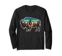Retro Bison Mountain Forest Sunset Wildlife Lover Long Sleeve T-Shirt