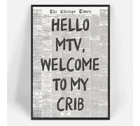 Retro Black And White Newspaper Canvas Posters Hello Mtv Welcome To My Crib Wall Art Inspiring Positive Affirming 70s Aesthetic Prints Painting For Living Room Wall Decor 12x16in Black Framed