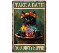 Retro Black Cat Metal Signs Funny Take A Bath Your Dirty Hippie Tin Sign For Bathroom Backyard Patio Outdoor Wall Decor 12x16inches