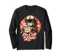 Retro Black Cat Nurse On Call for Love Night Shift Valentine Long Sleeve T-Shirt