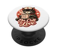 Retro Black Cat Nurse On Call For Love Night Shift Valentine PopSockets Adhesive PopGrip