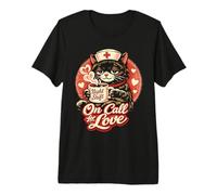 Retro Black Cat Nurse On Call for Love Night Shift Valentine Premium T-Shirt