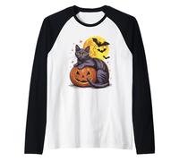 Retro Black Cat Pumpkin Halloween - Spooky Moon Bats Costume Raglan Baseball Tee
