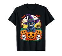 Retro Black Cat Witch Scary Halloween Pumpkin Women Men Kids T-Shirt