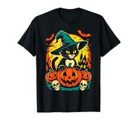 Retro Black Cat Witch Scary Halloween Pumpkin Women Men Kids T-Shirt