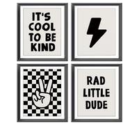 Retro Black Checkered Preppy Lightning Peace Hand Sign Poster Prints for Boy Teen Room Dorm Decor,Rad Little Dude Funny Decorations Prints Wall Art Unframed 4pcs 8x10inches,Teen Boys Gifts (8W×10L)