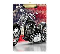 Retro Black Motorcycle with Vintage Old American Flag Background Plastic Clipboard A4 Letter Size PVC Writing Board with Low Profile Silver Metal Clip Hardboard for School, Office 12.5x9 Inch