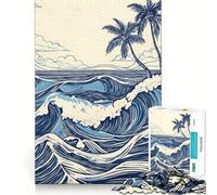 Retro Blue Ocean Waves Wit Hard Jigsaw Puzzle for Adults 1000 Pieces Recall Boost Quiet Calm Smooth Cut Classic Gift (38x26cm)