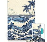 Retro Blue Ocean Waves Wit Puzzle for Teenagers 1000 Pieces Smart Reason Toy Stress Release Sharp Edge Birthday Gift (50x75cm)