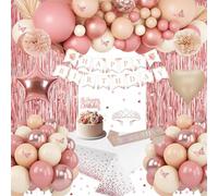 Retro Blush Pink Birthday Party Decorations, Boho Happy Birthday Banner, Dusty Pink Rose Gold White Sand Nude Balloons, Sash, Crown, Butterfly, Fringe Curtain, Tablecloth for Women Girls Princess