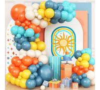 Retro Boho Balloons Arch Garland Kit, Retro Blue and Orange Mustard Yellow Balloon for First Trip Around the Sunshine Baby Shower Boho Colorful Birthday Party Decor